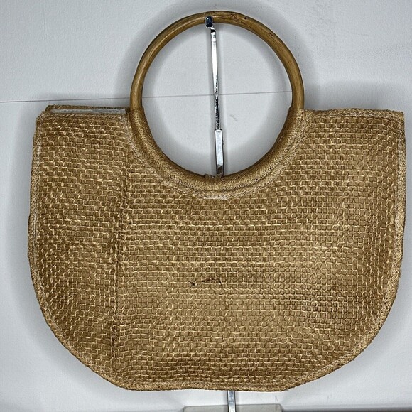 Womens Hand Bag Tote Weaved Jute Floral Vase Design Wooden Handles Summer Beach - Picture 2 of 14